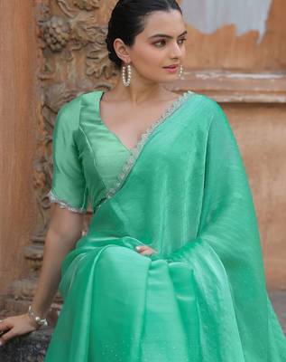 sea_green women embellished beads and stones organza saree 5