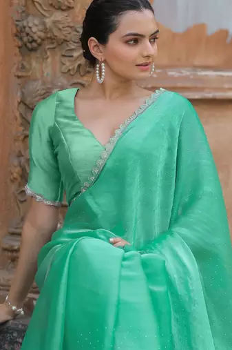sea_green women embellished beads and stones organza saree