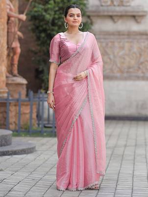pink women embellished mukaish organza saree 2