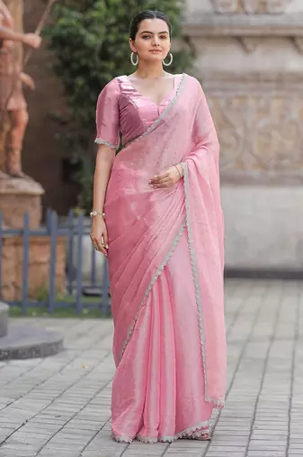 pink women embellished mukaish organza saree