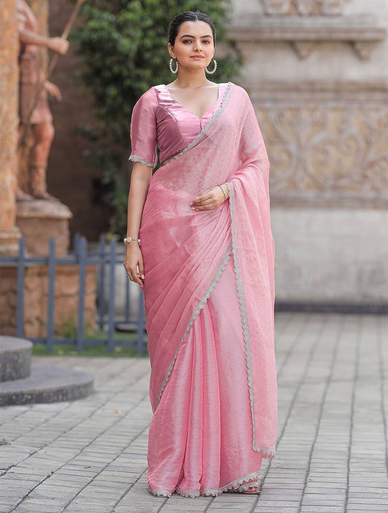 pink women embellished mukaish organza saree