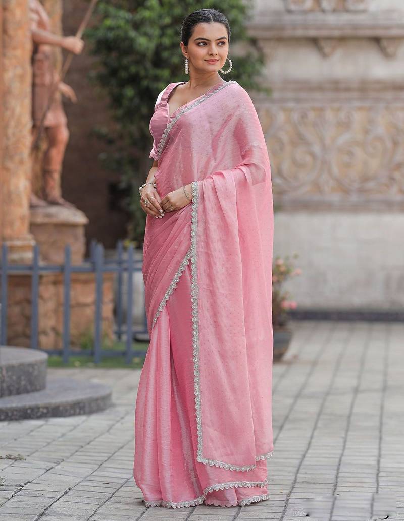 pink women embellished mukaish organza saree