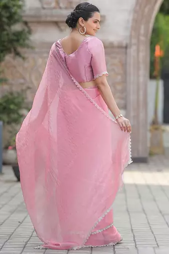 pink women embellished mukaish organza saree