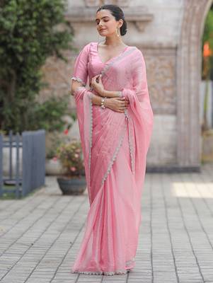 pink women embellished mukaish organza saree 5