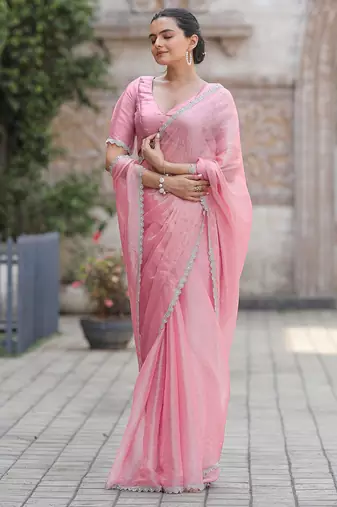pink women embellished mukaish organza saree