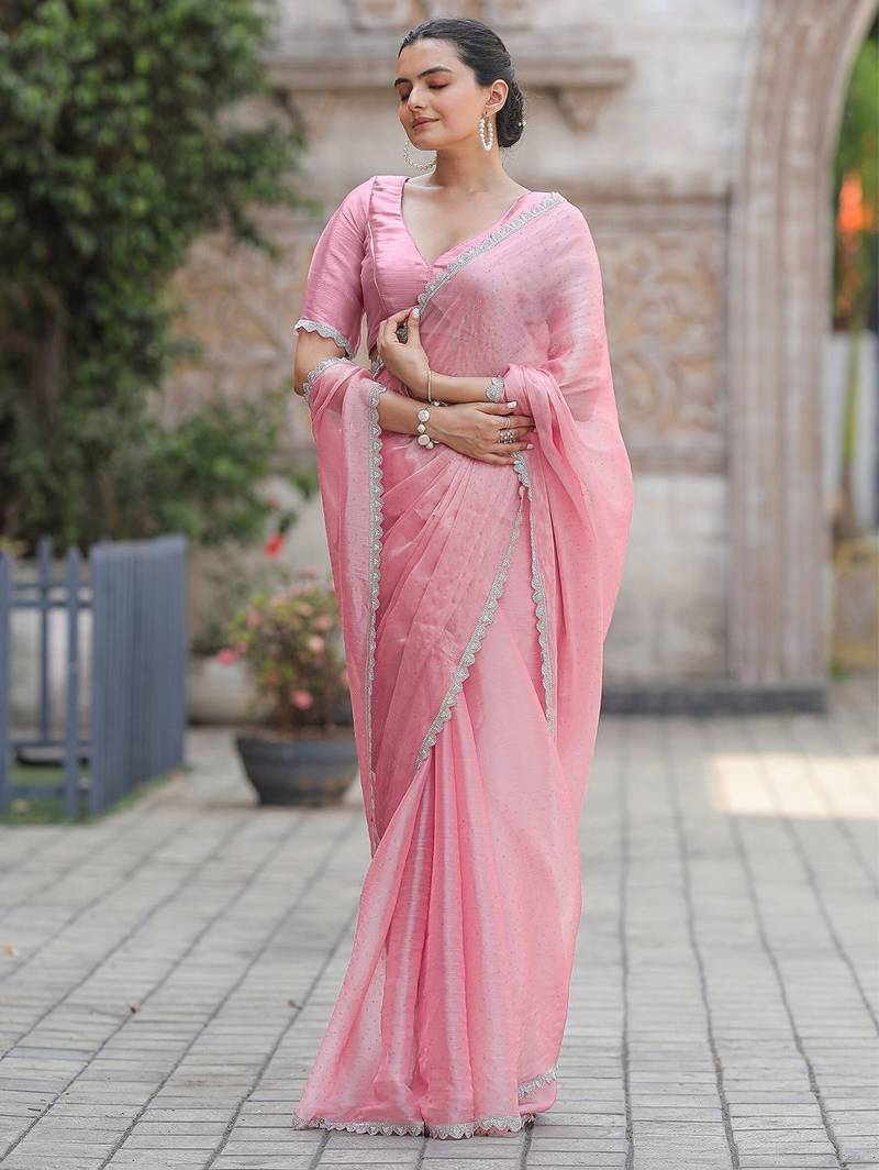 pink women embellished mukaish organza saree