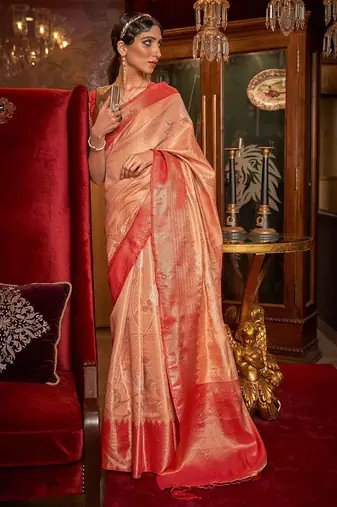 peach peach-coloured & red floral zari silk blend banarasi saree