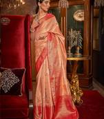 peach peach-coloured & red floral zari silk blend banarasi saree