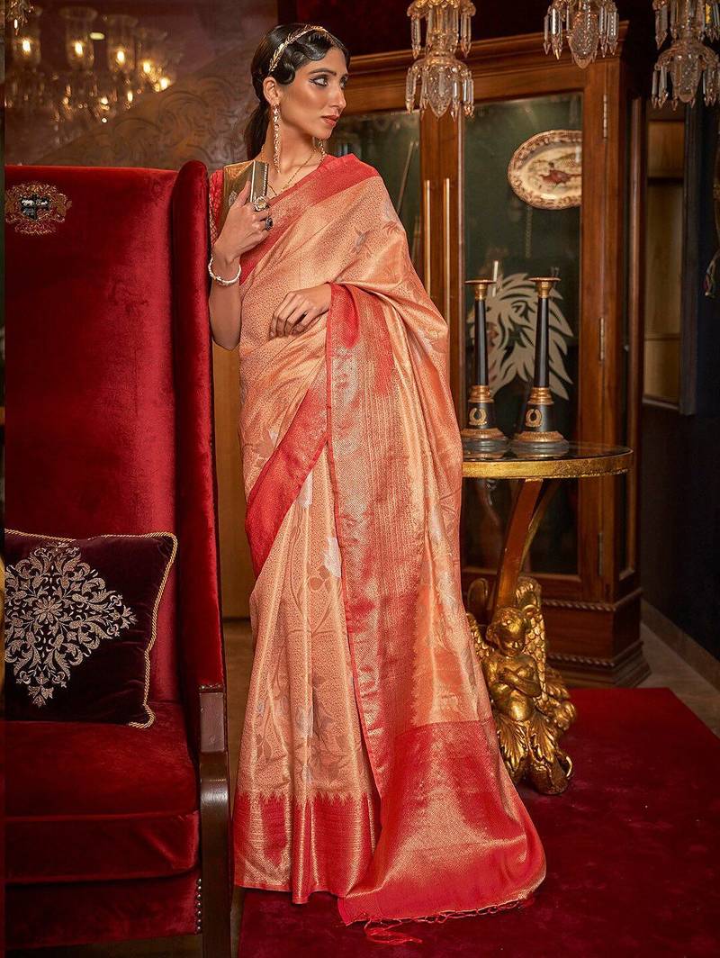 peach peach-coloured & red floral zari silk blend banarasi saree