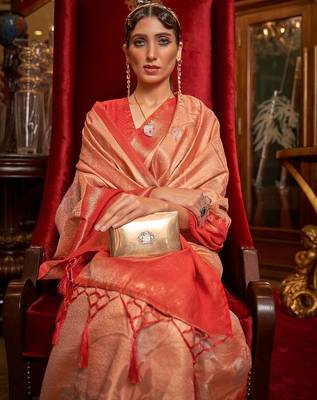 peach peach-coloured & red floral zari silk blend banarasi saree 2