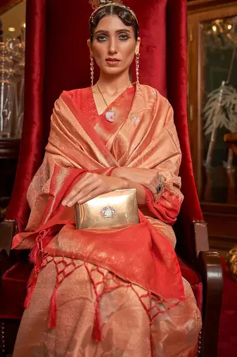 peach peach-coloured & red floral zari silk blend banarasi saree
