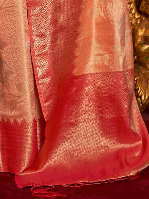 peach peach-coloured & red floral zari silk blend banarasi saree 3