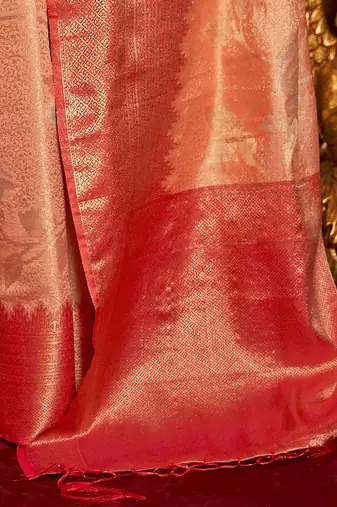 peach peach-coloured & red floral zari silk blend banarasi saree