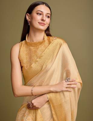 yellow zari woven embroidered tassel saree 1