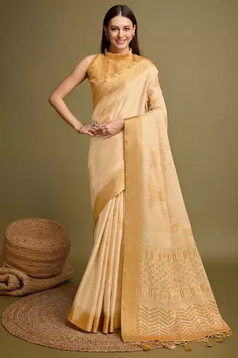 yellow zari woven embroidered tassel saree