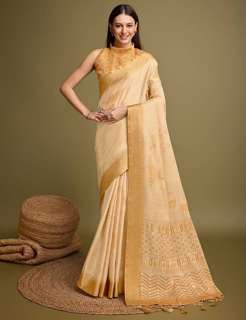 yellow zari woven embroidered tassel saree