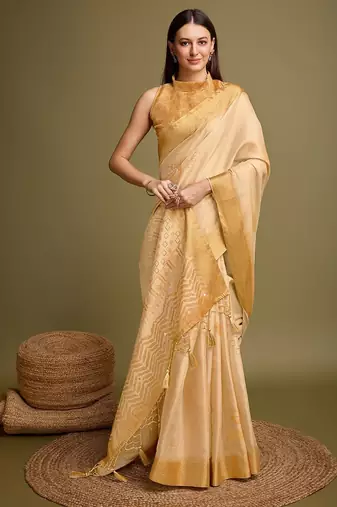 yellow zari woven embroidered tassel saree