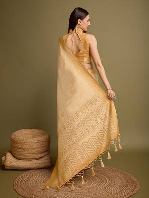 yellow zari woven embroidered tassel saree 4
