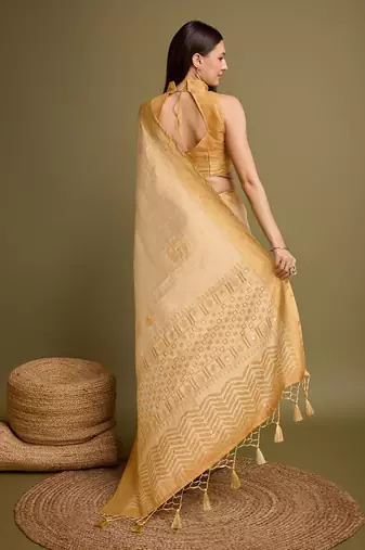 yellow zari woven embroidered tassel saree