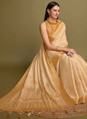 yellow zari woven embroidered tassel saree 5