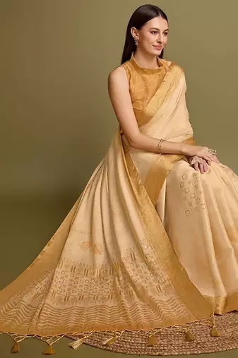 yellow zari woven embroidered tassel saree