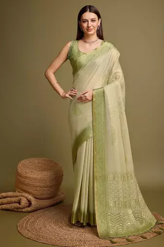 olive zari woven tissue tassel saree