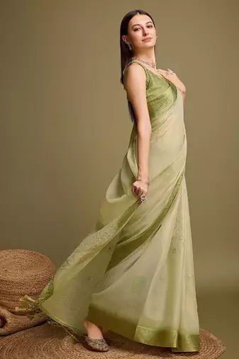 olive zari woven tissue tassel saree