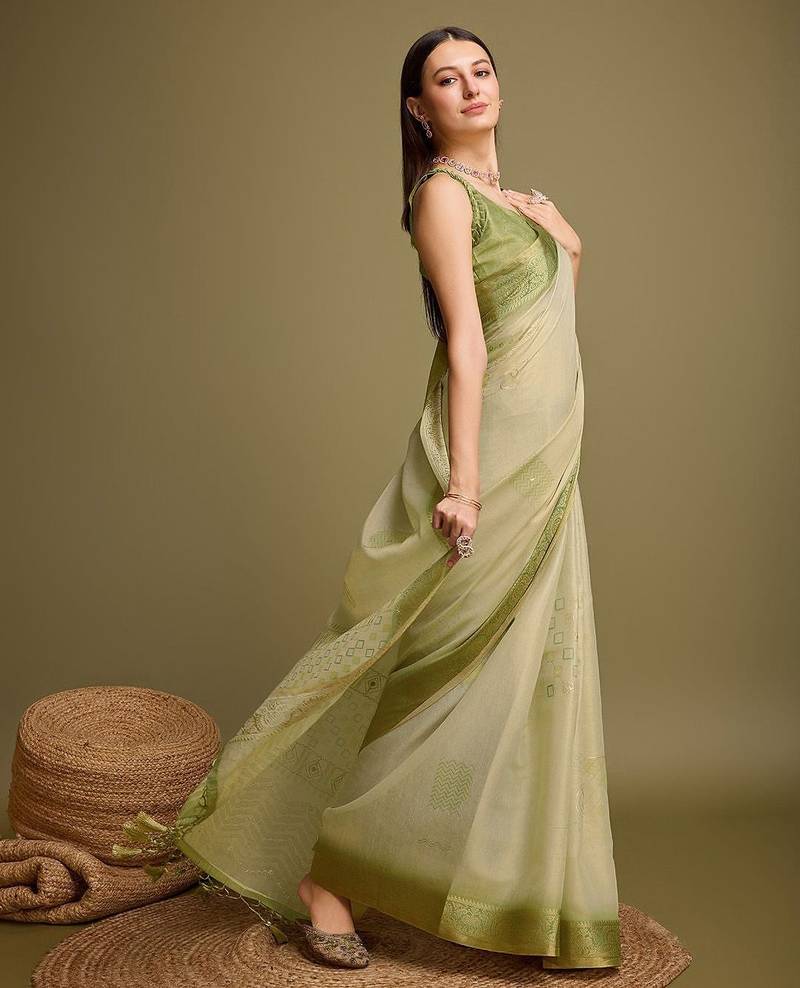 olive zari woven tissue tassel saree