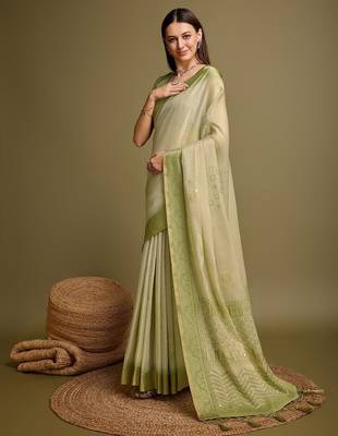 olive zari woven tissue tassel saree 4