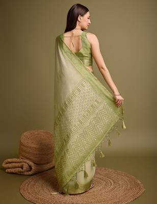 olive zari woven tissue tassel saree 5