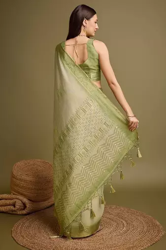 olive zari woven tissue tassel saree