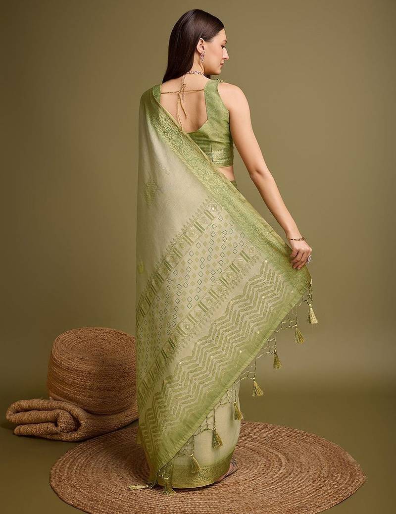 olive zari woven tissue tassel saree