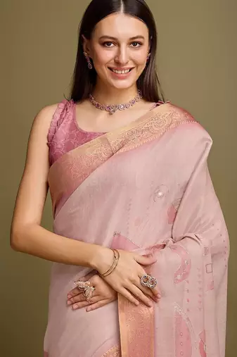 Purple purple & gold checked  zari silk blend banarasi saree with blouse piece