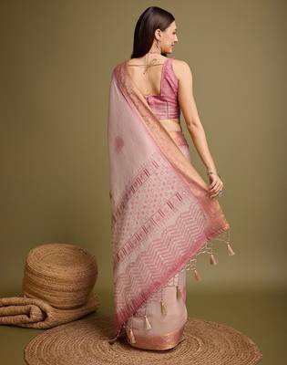 Purple purple & gold checked  zari silk blend banarasi saree with blouse piece 4