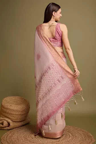Purple purple & gold checked  zari silk blend banarasi saree with blouse piece