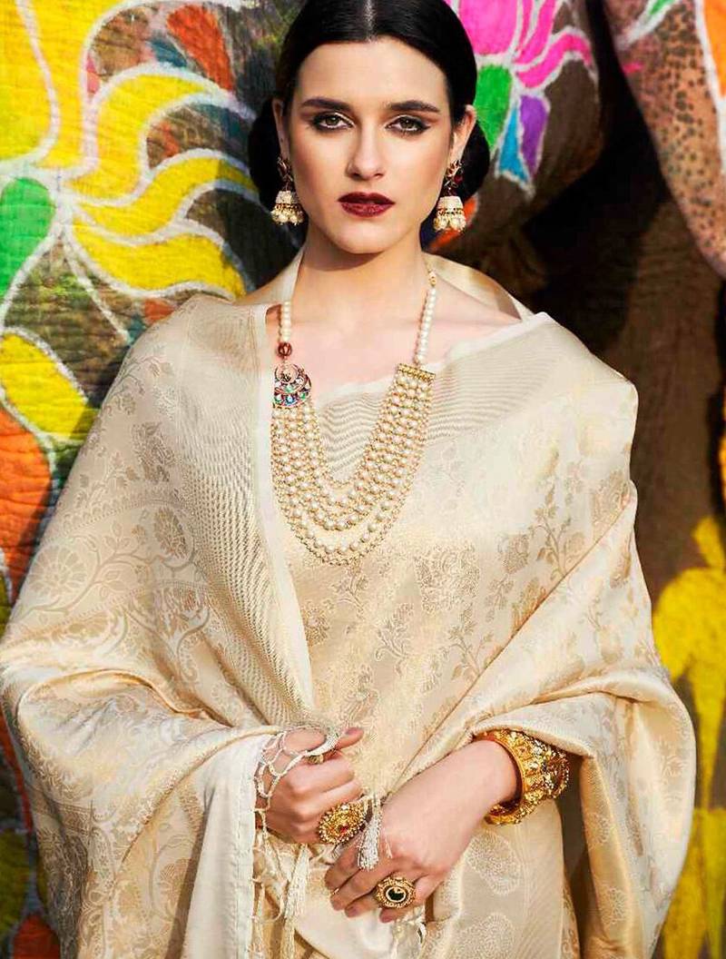 cream cream-coloured & gold-toned woven design zari silk blend banarasi saree