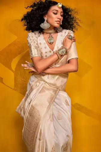 off_white woven design zari banarasi saree