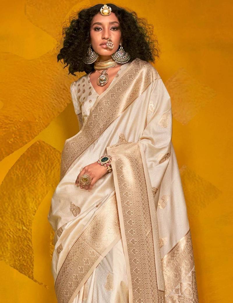 off_white woven design zari banarasi saree