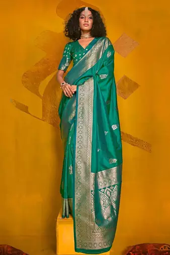 green woven design zari silk blend banarasi saree