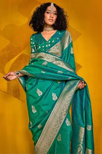 green woven design zari silk blend banarasi saree