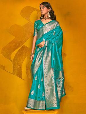 blue woven design zari banarasi saree 1