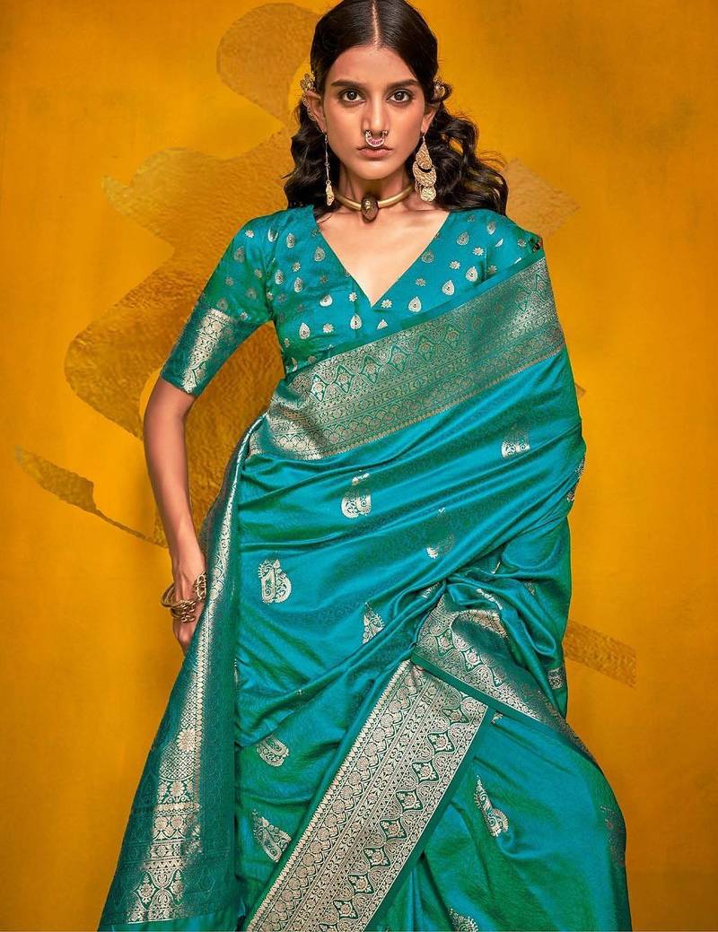 blue woven design zari banarasi saree