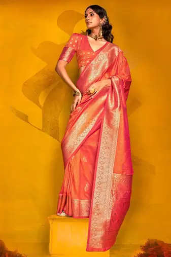 Yellow woven design zari organza banarasi saree