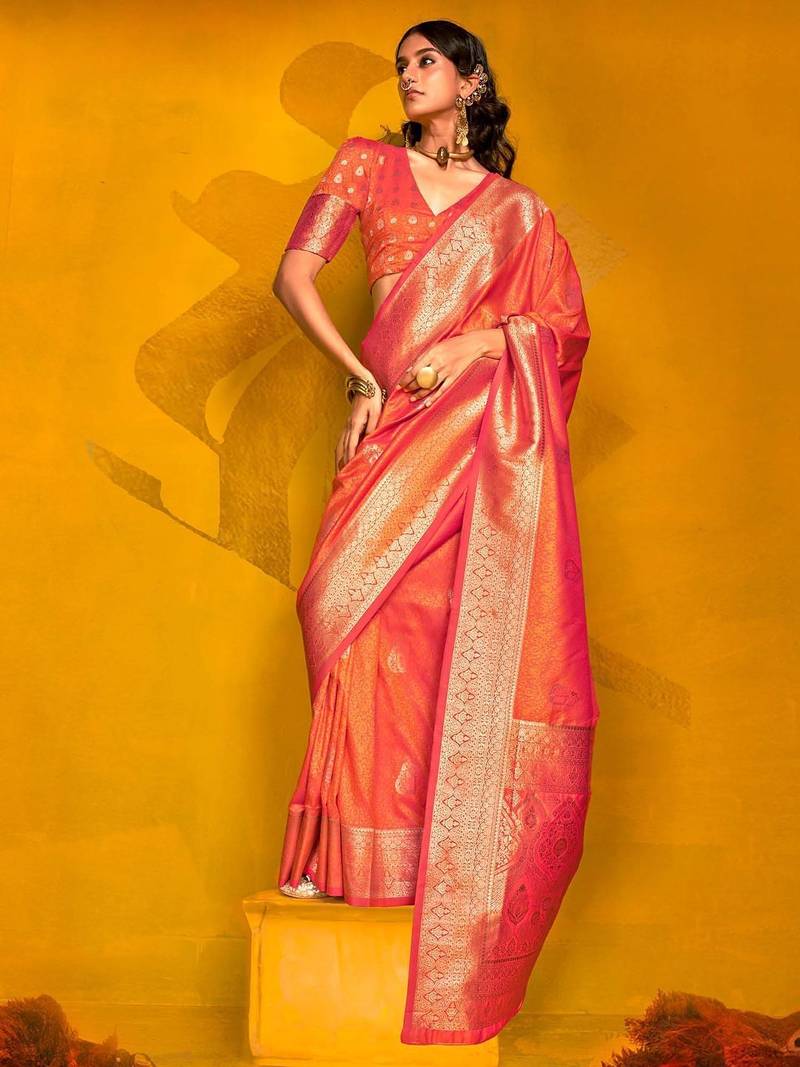 Yellow woven design zari organza banarasi saree