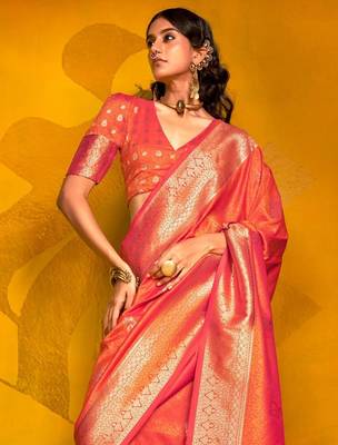 Yellow woven design zari organza banarasi saree 3