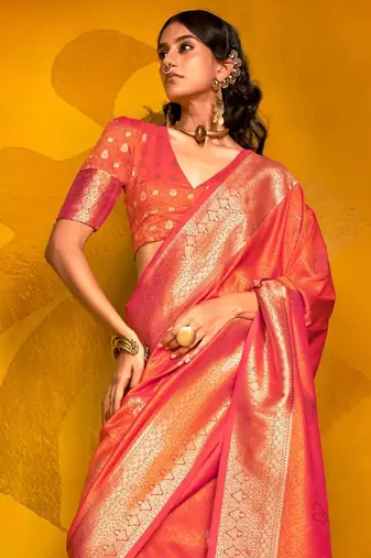 Yellow woven design zari organza banarasi saree