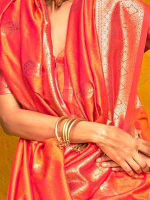 Yellow woven design zari organza banarasi saree 5