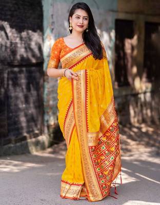 yellow yellow ethnic motifs woven design zari silk patola saree 1