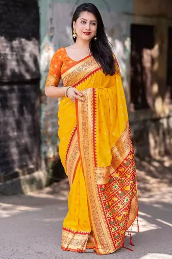 yellow yellow ethnic motifs woven design zari silk patola saree