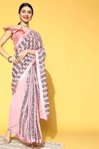pink women embellished saree with solid border